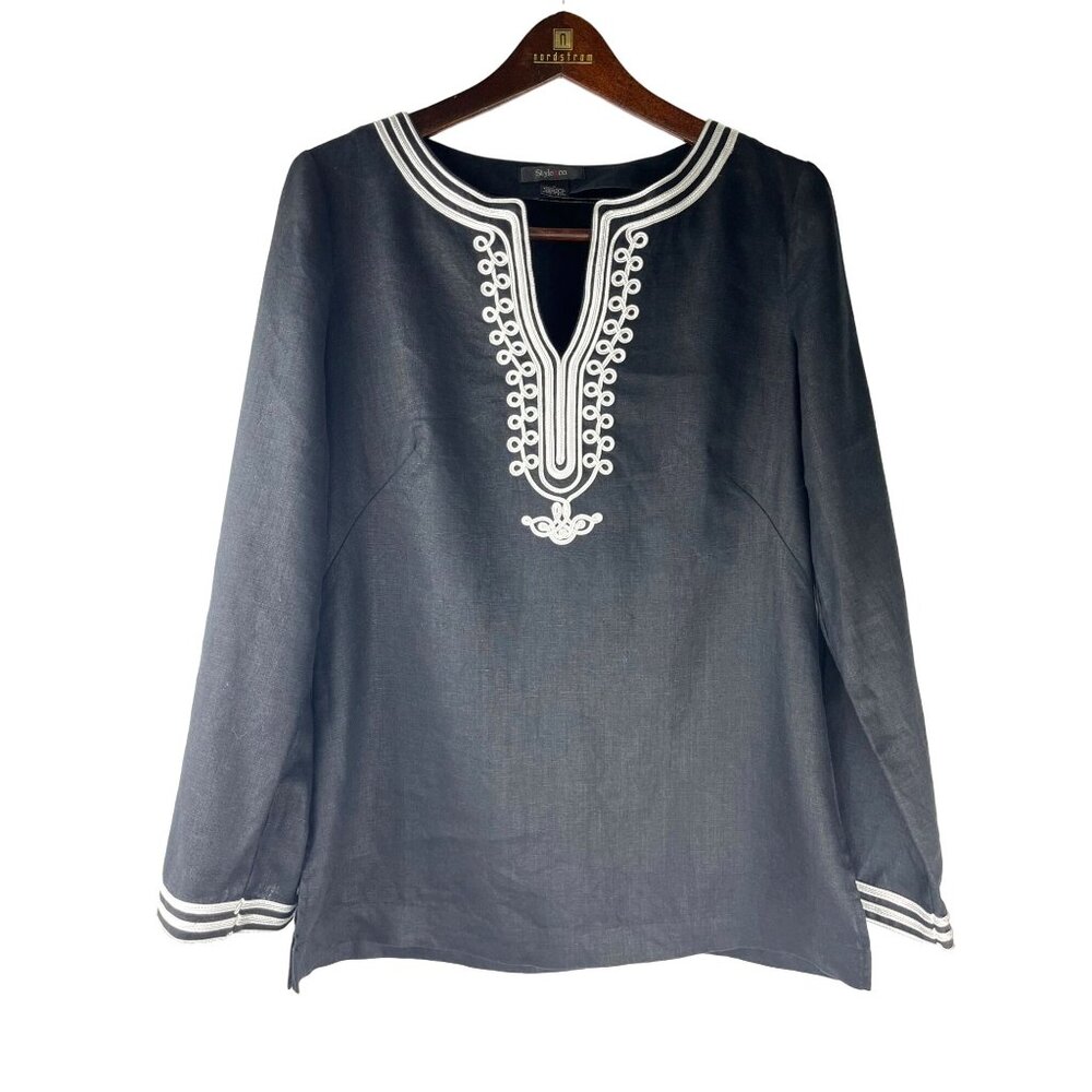 Elevated Boho Coastal  Embroidered Style & Co Linen Tunic Blouse Women's  6
